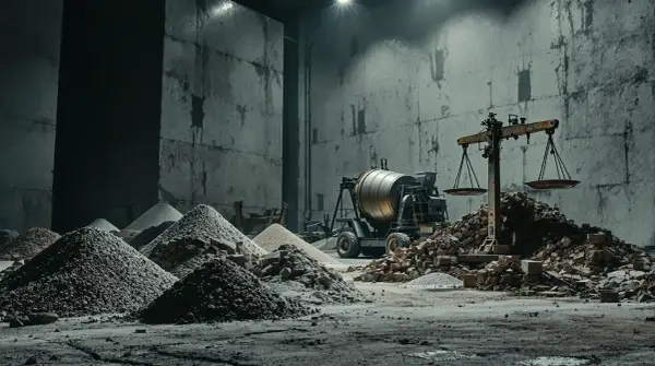Betoniarka, waga szalkowa i hałdy materiałów budowlanych w industrialnym wnętrzu.