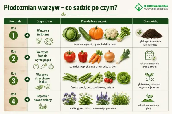 Plan płodozmianu warzyw: rok 1 - warzywa żarłoczne (kapusta, dynia), rok 2 - średnio wymagające (pomidor, marchew), rok 3 - strączkowe (fasola, groch), rok 4 - poplony.
